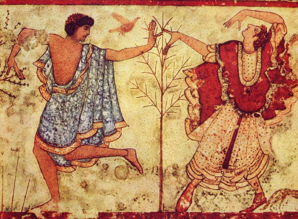 Etruskisches Tänzerpaar aus Tarquinia – Szene eines Festes, das die Gleichberechtigung der Frauen der Rasenna zeigt