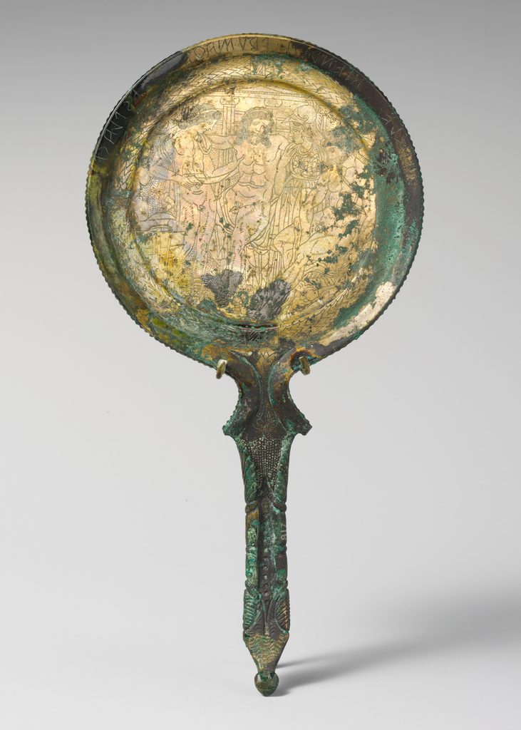 Bronzespiegel der Rasenna mit gravierten mythologischen Figuren, darunter Minerva und Herkules