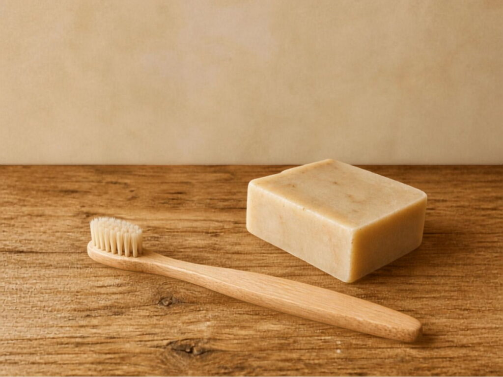 Minimalistische Darstellung einer plastikfreien Zahnbürste