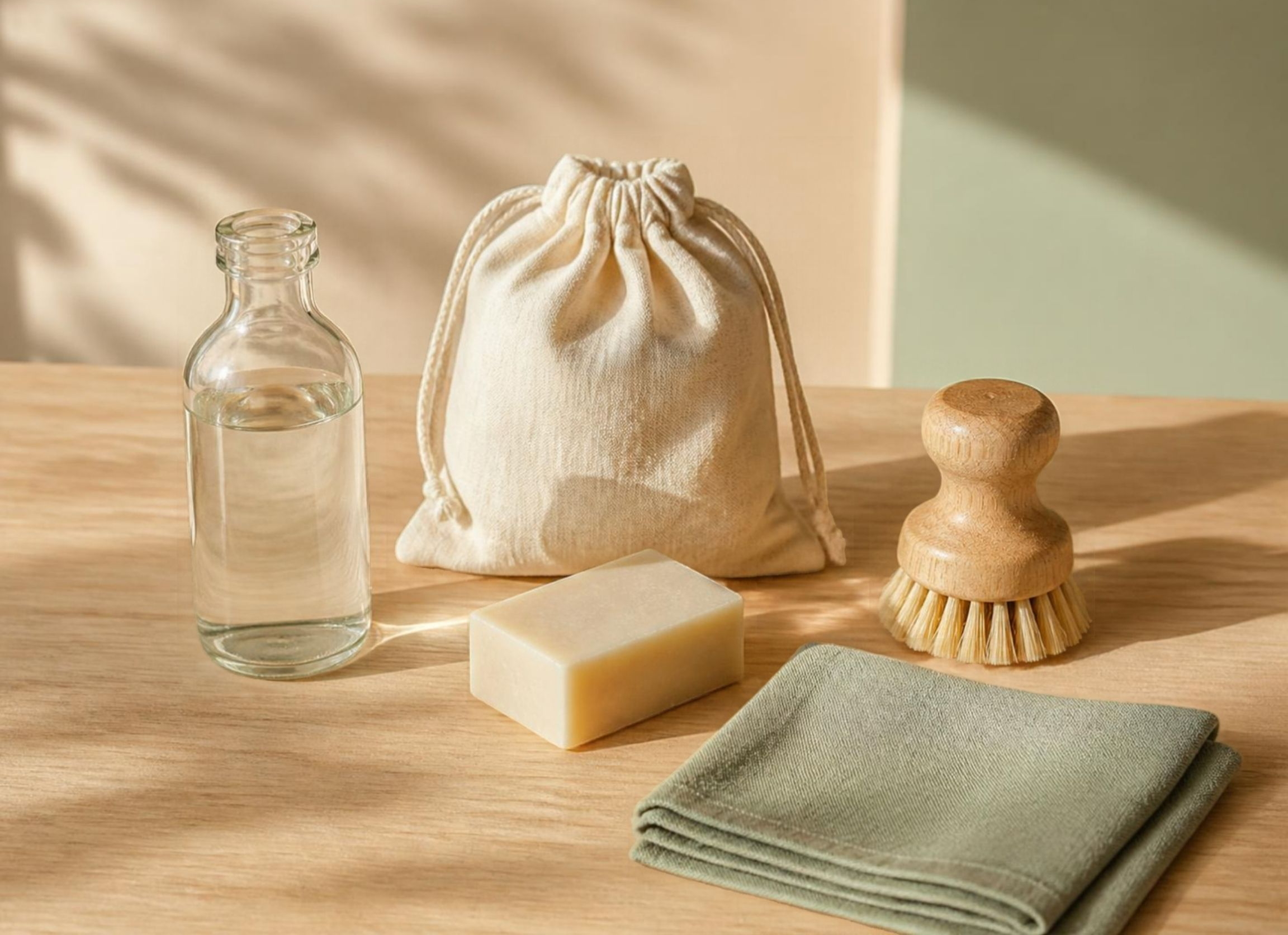 Plastikfrei im Alltag: Glasflasche, Stoffbeutel, Seifenstück, Holzbürste und Leinentuch auf einem Holztisch